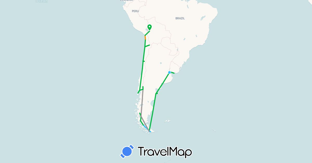 TravelMap itinerary: driving, bus, plane, train, boat, hitchhiking in Argentina, Bolivia, Chile, Uruguay (South America)